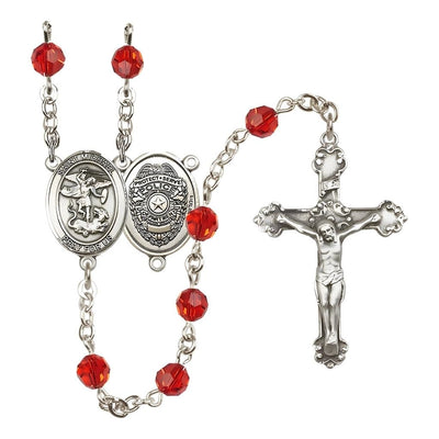 Police Officers St Michael Sterling Silver Crystal Rosary in Ruby for July Birthstone, Bliss Manufacturing
