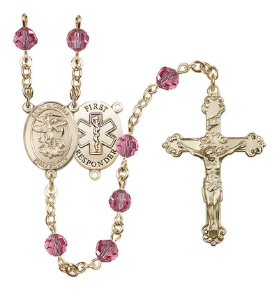St. Michael The Archangel Set In 14kt Gold-Filled With Birthstone 6mm Austrian Crystal Rose Beads For October, Bliss Manufacturing