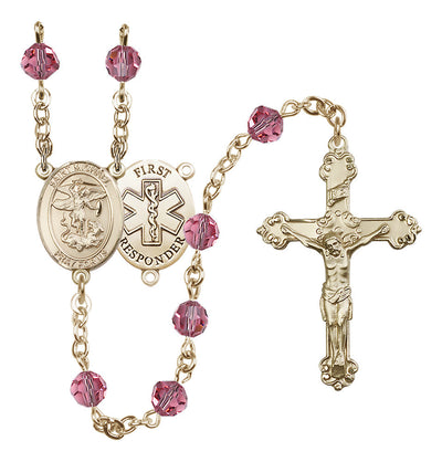St. Michael The Archangel Set In 14kt Gold With Birthstone 6mm Austrian Crystal Rose Beads For October, Bliss Manufacturing
