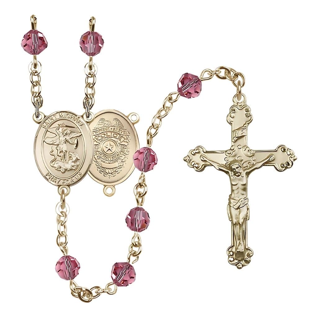Bliss Gold-filled St. Michael with Police Officers Birthstone Rosary with Rose 6mm Austrian Crystal Beads