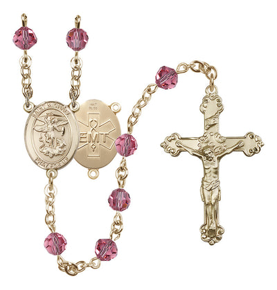 St. Michael EMT 14kt Gold Crystal Rosary in Rose, Bliss Manufacturing