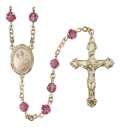 Rose October Birthstone Footprints Centerpiece 14kt Gold Austrian Crystal Rosary, Bliss Manufacturing