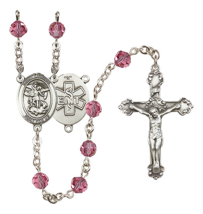 St. Michael EMT Sterling Silver Crystal Rosary in Rose, Bliss Manufacturing