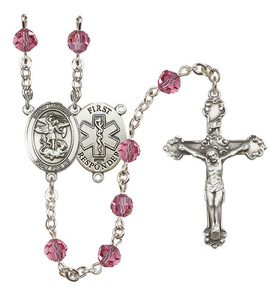 St. Michael The Archangel Set In Sterling Silver With Birthstone 6mm Austrian Crystal Rose Beads For October, Bliss Manufacturing