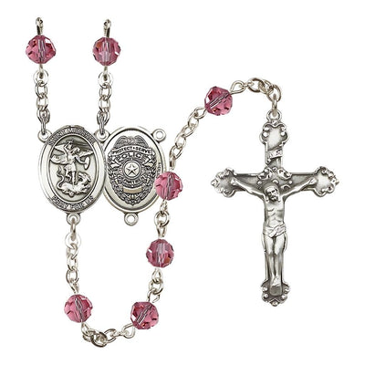 Police Officers St Michael Sterling Silver Crystal Rosary in Rose for October Birthstone, Bliss Manufacturing