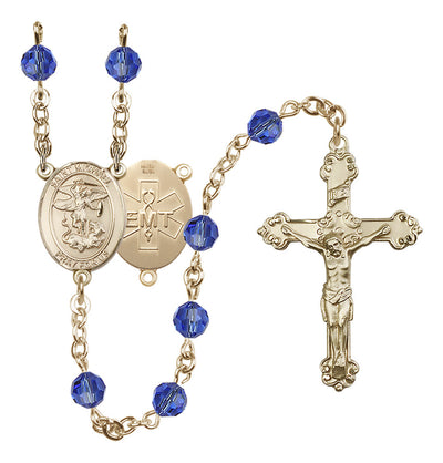 St. Michael EMT Gold-filled Crystal Rosary in Sapphire, Bliss Manufacturing