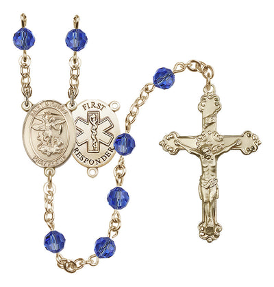 St. Michael The Archangel Set In 14kt Gold With Birthstone 6mm Austrian Crystal Sapphire Beads For September, Bliss Manufacturing