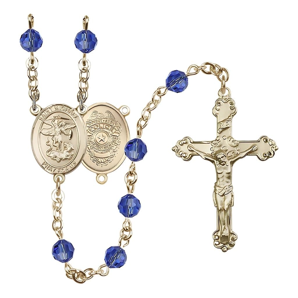 Bliss Gold-filled St. Michael with Police Officers Birthstone Rosary with Sapphire 6mm Austrian Crystal Beads