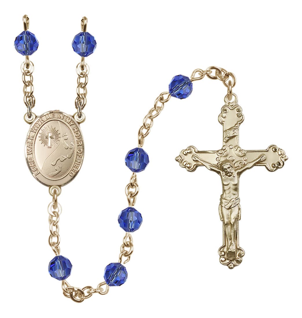 September Sapphire Birthstone Bliss Footprints Centerpiece 14kt Gold Austrian Crystal Rosary,