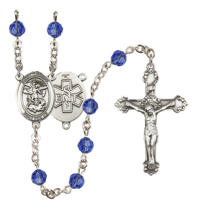 St. Michael EMT Sterling Silver Crystal Rosary in Sapphire, Bliss Manufacturing