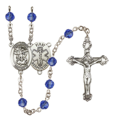 St. Michael The Archangel Set In Sterling Silver With Birthstone 6mm Austrian Crystal Sapphire Beads For September, Bliss Manufacturing