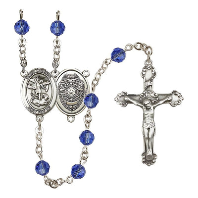 Police Officers St Michael Sterling Silver Crystal Rosary in Sapphire for September Birthstone, Bliss Manufacturing