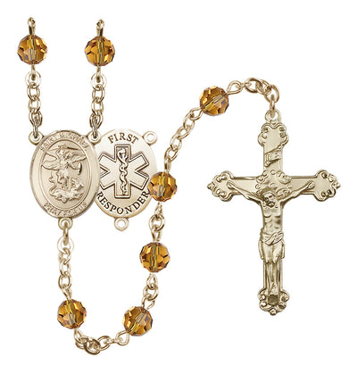 St. Michael The Archangel Set In 14kt Gold-Filled With Birthstone 6mm Austrian Crystal Topaz Beads For November, Bliss Manufacturing