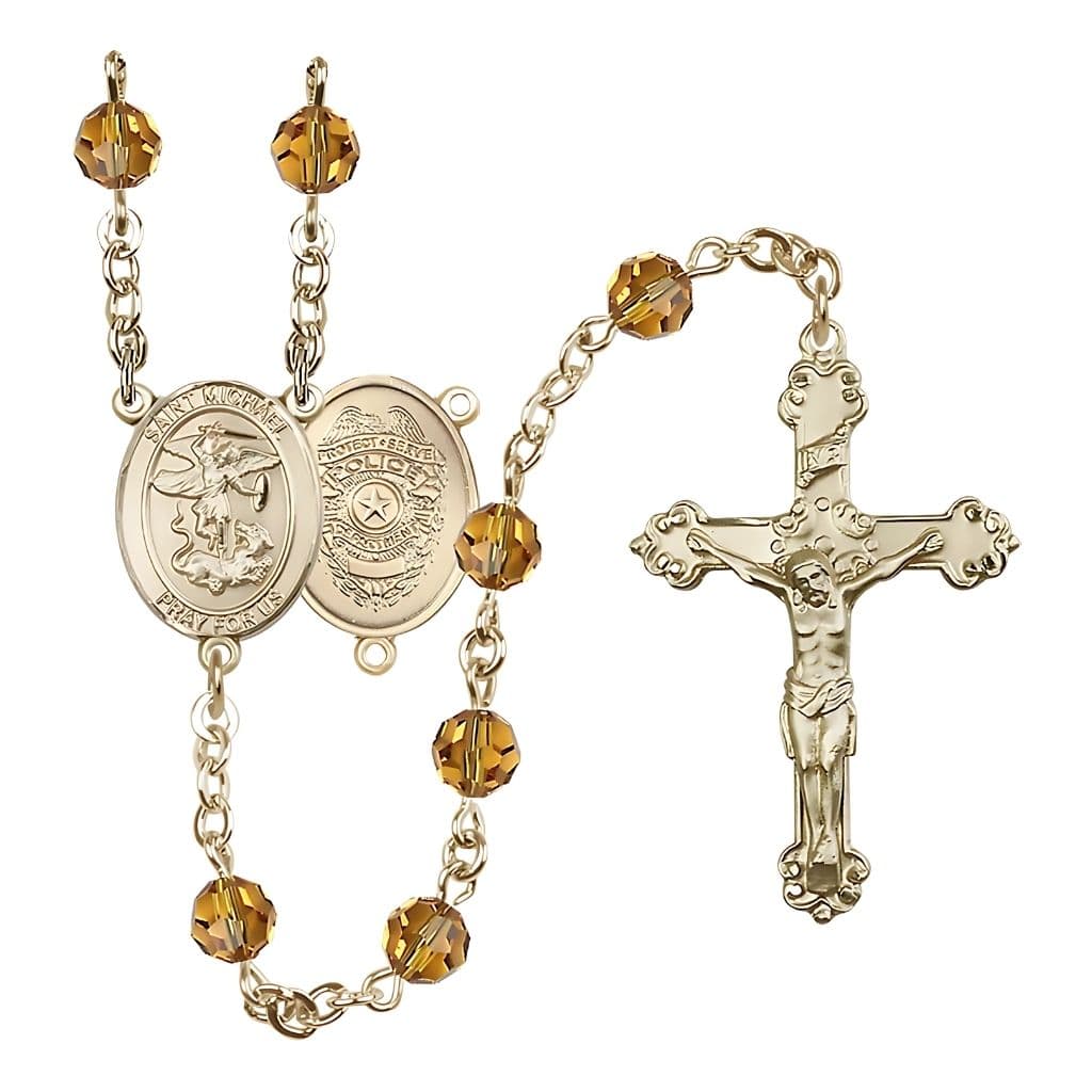 Bliss Gold-filled St. Michael with Police Officers Birthstone Rosary with Topaz 6mm Austrian Crystal Beads