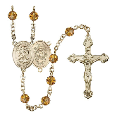 Gold-filled St. Michael with Police Officers Birthstone Rosary with Topaz 6mm Austrian Crystal Beads, Bliss Manufacturing
