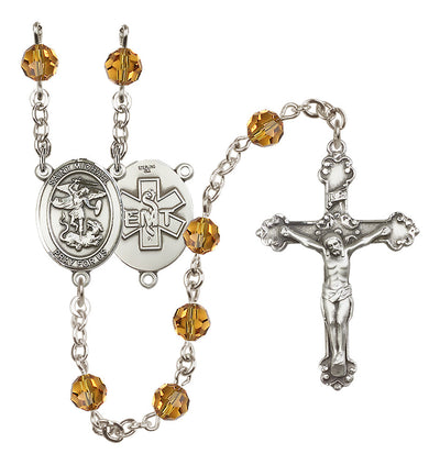 St. Michael EMT Sterling Silver Crystal Rosary in Topaz, Bliss Manufacturing
