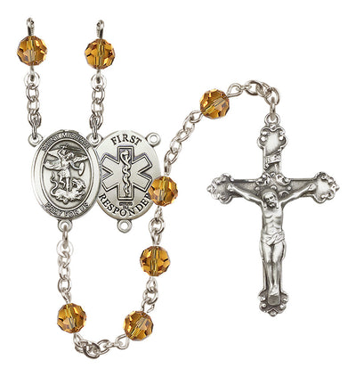 St. Michael The Archangel Set In Sterling Silver With Birthstone 6mm Austrian Crystal Topaz Beads For November, Bliss Manufacturing