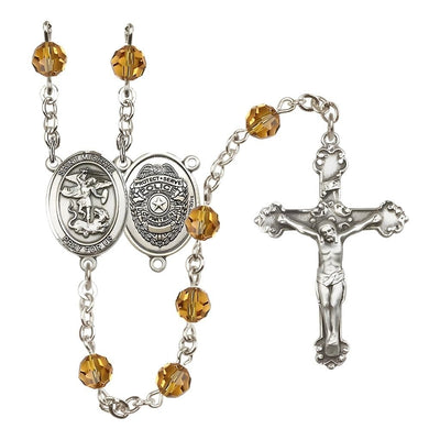 Police Officers St Michael Sterling Silver Crystal Rosary in Topaz for November Birthstone, Bliss Manufacturing