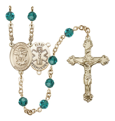 St. Michael The Archangel Set In 14kt Gold-Filled With Birthstone 6mm Austrian Crystal Zircon Beads For December, Bliss Manufacturing