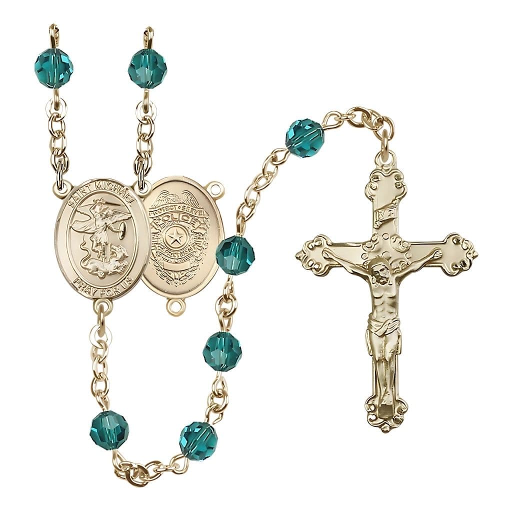 Bliss Gold-filled St. Michael with Police Officers Birthstone Rosary with  Zircon 6mm Austrian Crystal Beads
