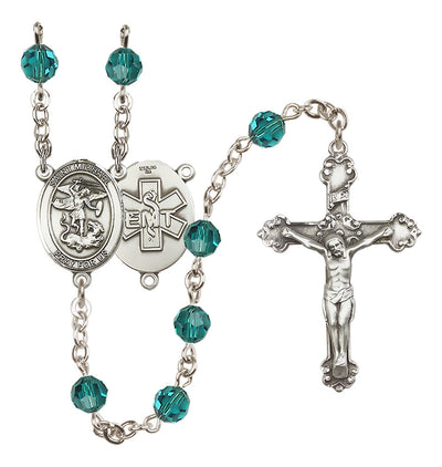 St. Michael EMT Sterling Silver Crystal Rosary in Zircon, Bliss Manufacturing