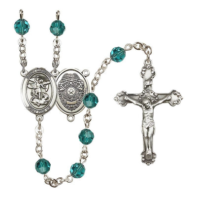 Police Officers St Michael Sterling Silver Crystal Rosary in Zicron for December Birthstone in Zircon, Bliss Manufacturing