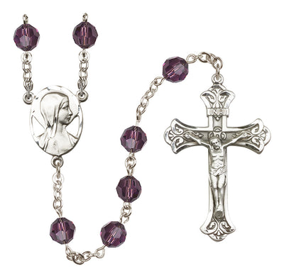 Madonna Mary Sterling Silver 8mm Austrian Crystal Rosary in Amethyst, Bliss Manufacturing
