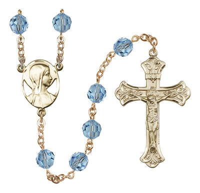Madonna Mary Gold-filled 8mm Austrian Crystal Rosary in Aqua, Bliss Manufacturing