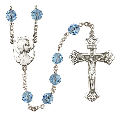 Madonna Mary Sterling Silver 8mm Austrian Crystal Rosary in Aqua, Bliss Manufacturing