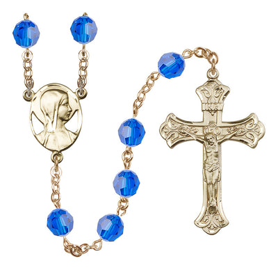 Madonna Mary Gold-filled 8mm Austrian Crystal Rosary in Capri Blue, Bliss Manufacturing