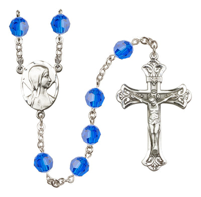 Madonna Mary Sterling Silver 8mm Austrian Crystal Rosary in Capri Blue, Bliss Manufacturing