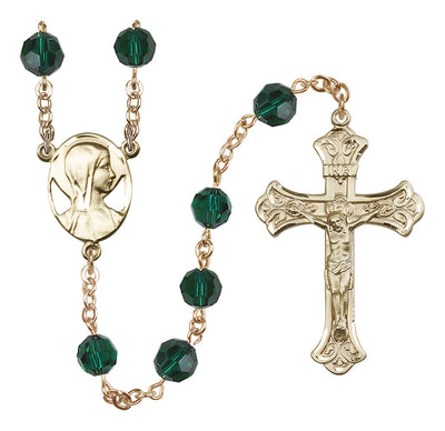 Madonna Mary Gold-filled 8mm Austrian Crystal Rosary in Emerald, Bliss Manufacturing