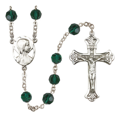 Madonna Mary Sterling Silver 8mm Austrian Crystal Rosary in Emerald, Bliss Manufacturing