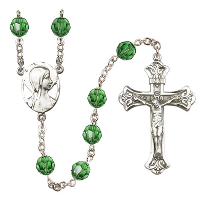Madonna Mary Sterling Silver 8mm Austrian Crystal Rosary in Erinite, Bliss Manufacturing