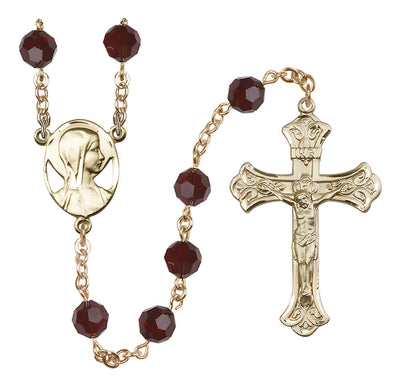 Madonna Mary 14kt Gold 8mm Austrian Crystal Rosary in Garnet, Bliss Manufacturing