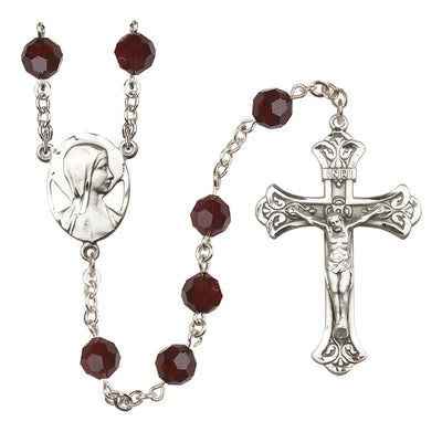 Madonna Mary Sterling Silver 8mm Austrian Crystal Rosary in Garnet, Bliss Manufacturing