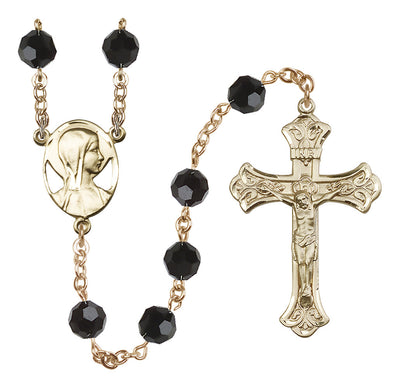 Madonna Mary Gold-filled 8mm Austrian Crystal Rosary in Jet, Bliss Manufacturing