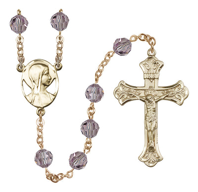 Madonna Mary Gold-filled 8mm Austrian Crystal Rosary in Light Amethyst, Bliss Manufacturing