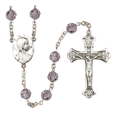 Madonna Mary Sterling Silver 8mm Austrian Crystal Rosary in Light Amethyst, Bliss Manufacturing