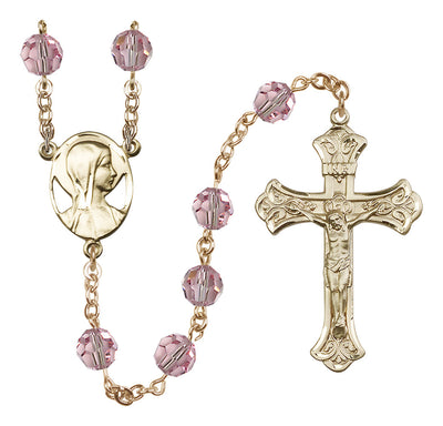 Madonna Mary Gold-filled 8mm Austrian Crystal Rosary in Light Rose, Bliss Manufacturing