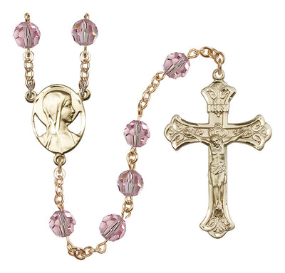 Madonna Mary 14kt Gold 8mm Austrian Crystal Rosary in Light Rose, Bliss Manufacturing