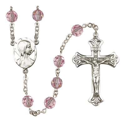 Madonna Mary Sterling Silver 8mm Austrian Crystal Rosary in Light Rose, Bliss Manufacturing