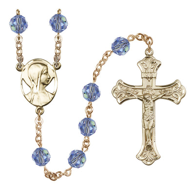 Madonna Mary Gold-filled 8mm Austrian Crystal Rosary in Light Sapphire, Bliss Manufacturing