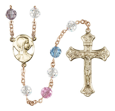 Madonna Mary 14kt Gold 8mm Austrian Crystal Rosary in Multi-Color, Bliss Manufacturing