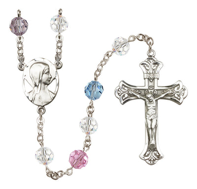 Madonna Mary Sterling Silver 8mm Austrian Crystal Rosary in Multi-Color, Bliss Manufacturing
