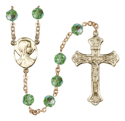 Madonna Mary 14kt Gold 8mm Austrian Crystal Rosary in Peridot, Bliss Manufacturing