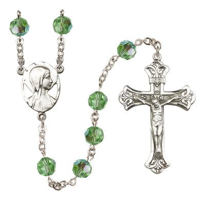 Madonna Mary Sterling Silver 8mm Austrian Crystal Rosary in Peridot, Bliss Manufacturing