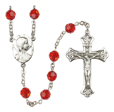 Madonna Mary Sterling Silver 8mm Austrian Crystal Rosary in Ruby, Bliss Manufacturing