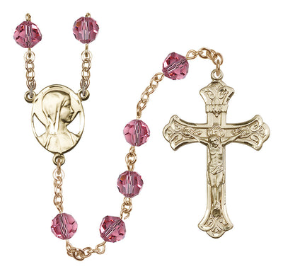 Madonna Mary 14kt Gold 8mm Austrian Crystal Rosary in Ruby, Bliss Manufacturing