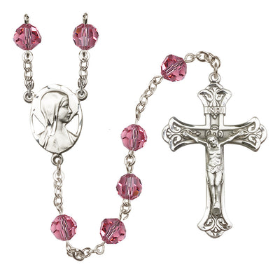 Madonna Mary Sterling Silver 8mm Austrian Crystal Rosary in Rose, Bliss Manufacturing